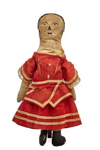 17 IN DOLL WITH RED DRESS: Her face is embroidered with dark brown floss. She has a tiny straight across mouth, triangle shaped nose, round dots for eyes, arched eyebrow, and ears, do you believe the ears! She is cotton stuffed