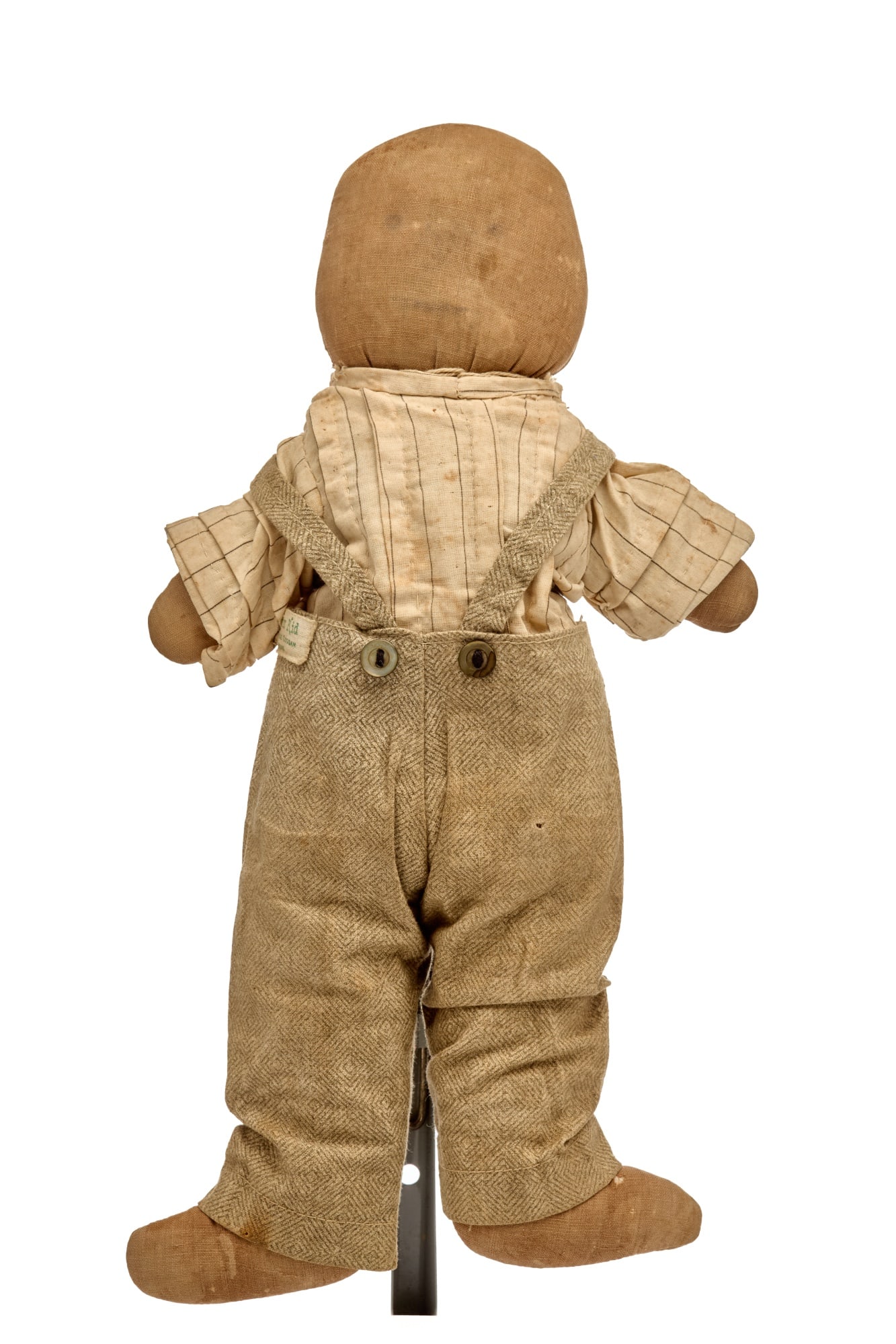 14 INCH JACKIE COOGAN KID CLOTH DOLL with LABEL: A little fellow, plump and sturdy with his favorite overalls 14 inches. A little fellow, wearing his favorite pants, made by Jackie Coogan Kid, with the label to prove it. They are adorable and so is 