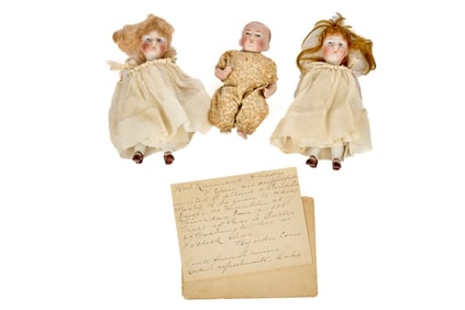 THREE BISQUE HEAD DOLLS.