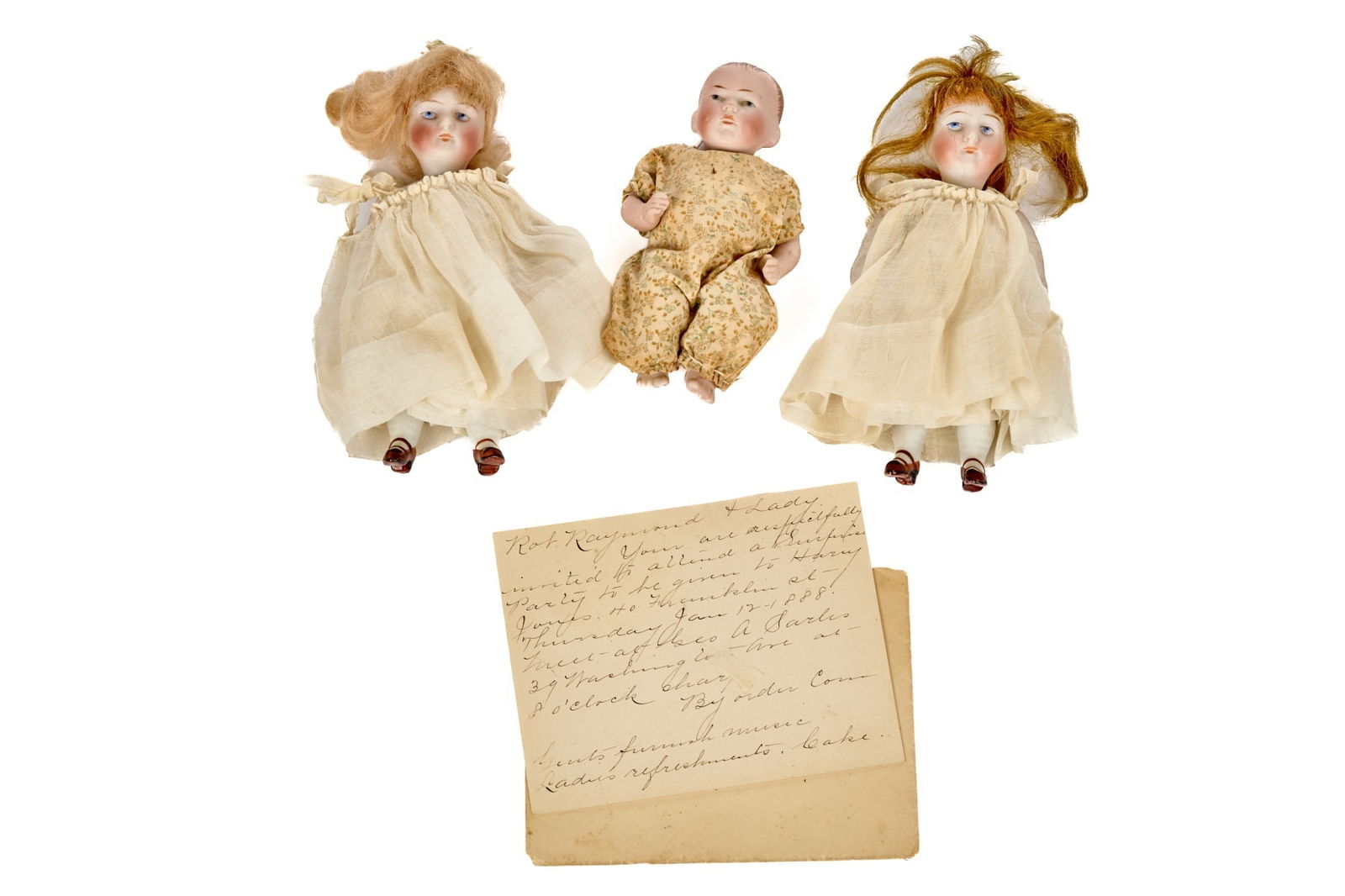 THREE BISQUE HEAD DOLLS. (1 of 9)