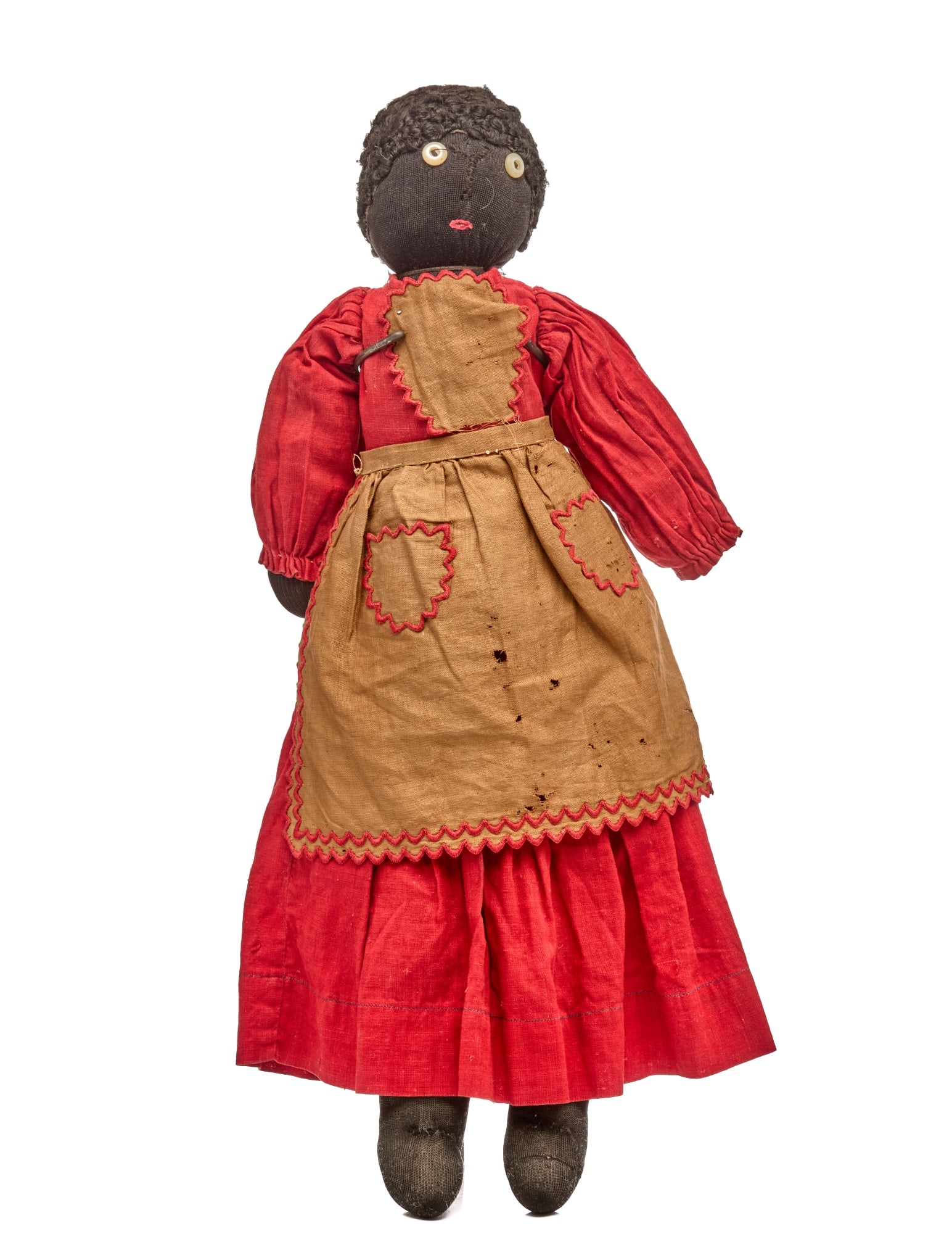 16 INCH BLACK STOCKINETTE DOLL with ASTRAKHAN HAIR: 16 inch stockinette black doll, button eyes great clothes. Here is a very cute stockinette doll with big button eyes, straight embroidered nose and a tiny little oval mouth. She has great heavy astrak