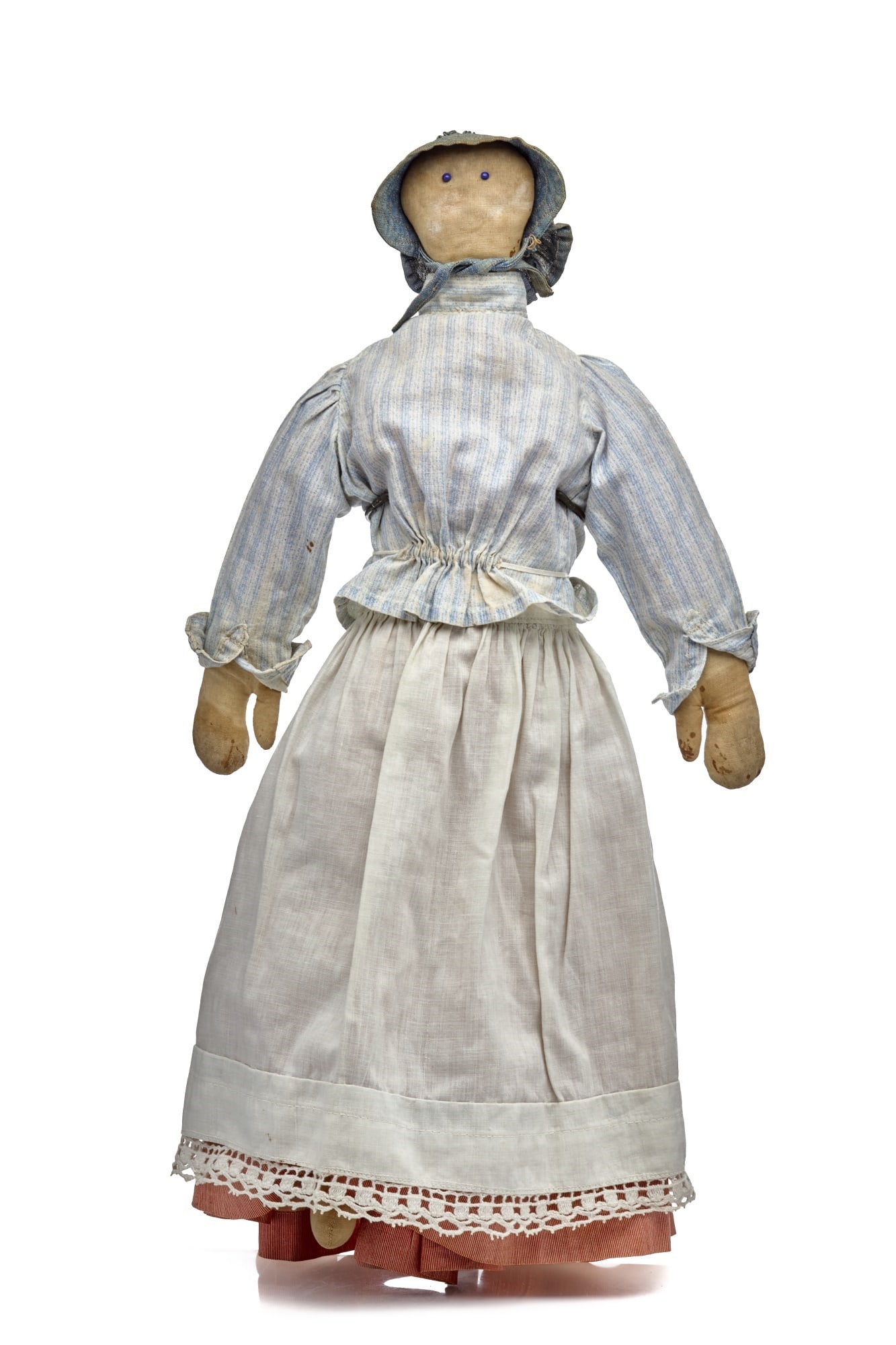 21 IN TALL COUNTRY GIRL: 21 inch tall cloth girl with pins for eyes. Firmly packed cotton with jointed arm and legs, big mitten hands and even bigger feet pointed west. This is a doll made to work. Dressed in a blue striped c