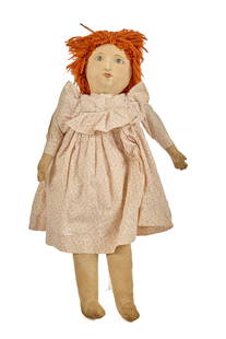 26 IN BIG PAINTED FACE LADY: Big painted face lady with wicked bedhead orange yarn hair. All hand sewn, jointed shoulders and hips. Very firmly packed with cotton. Wearing pink calico dress, two petticoats and a pair of bloomers.