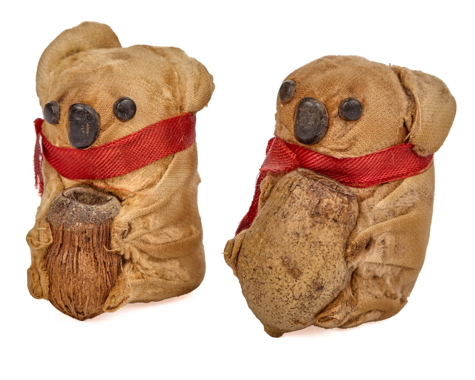 PAIR of LITTLE ANTIQUE VELVET KOALA BEARS: Pair of little antique velvet Koala bears with button eyes. These darling 2 1/2 inch tall Koala bears are antique velvet. They have some kind of metal buttons for eyes and noses. Their little paws wra