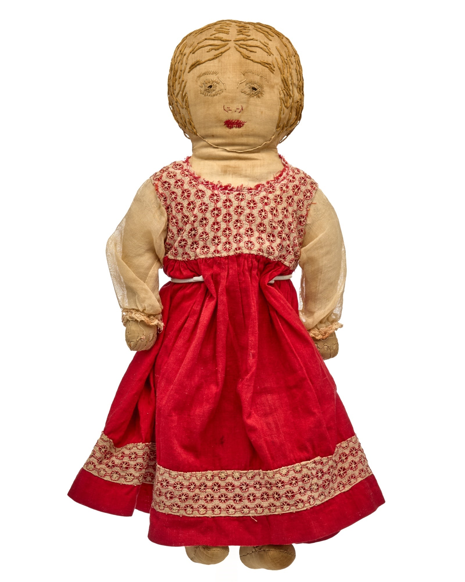 18 IN MAGNIFICENT FACE DOLL: This blond hair little girl is made with homespun linen and embroidered with an early thick floss that is much more visible. Her features are so well done and lines for hair really work. Her legs are 