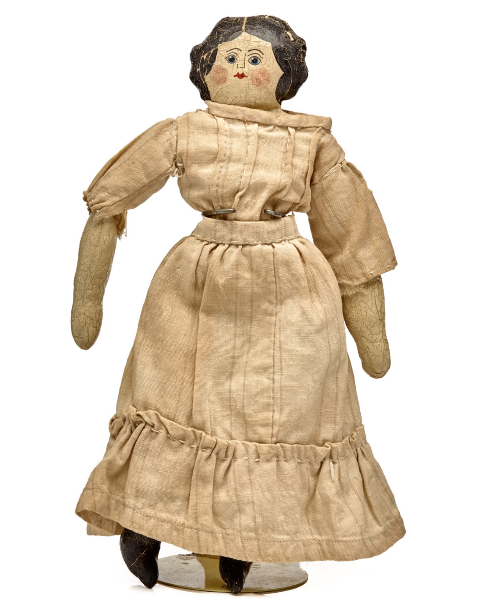 10 IN PAINTED FACE ROSEY CHEEK DOLL: White dress and pantaloons, nicely painted, blue ribbons on her painted shoes and socks. C1890 Condition: Wear with age, some cracks in paint. See photos. Temp No 541