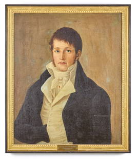 (19thc) AMERICAN SCHOOL "CAPTAIN JONATHAN HARDING": Born May 10th 1778 in Truro MA. Lost at sea off the coast of Saint Pierre, Martinique in 1809. Oil on canvas laid to Masonite. Son of Jonathan and Ruth Harding. Married to Priscilla Harding with whom