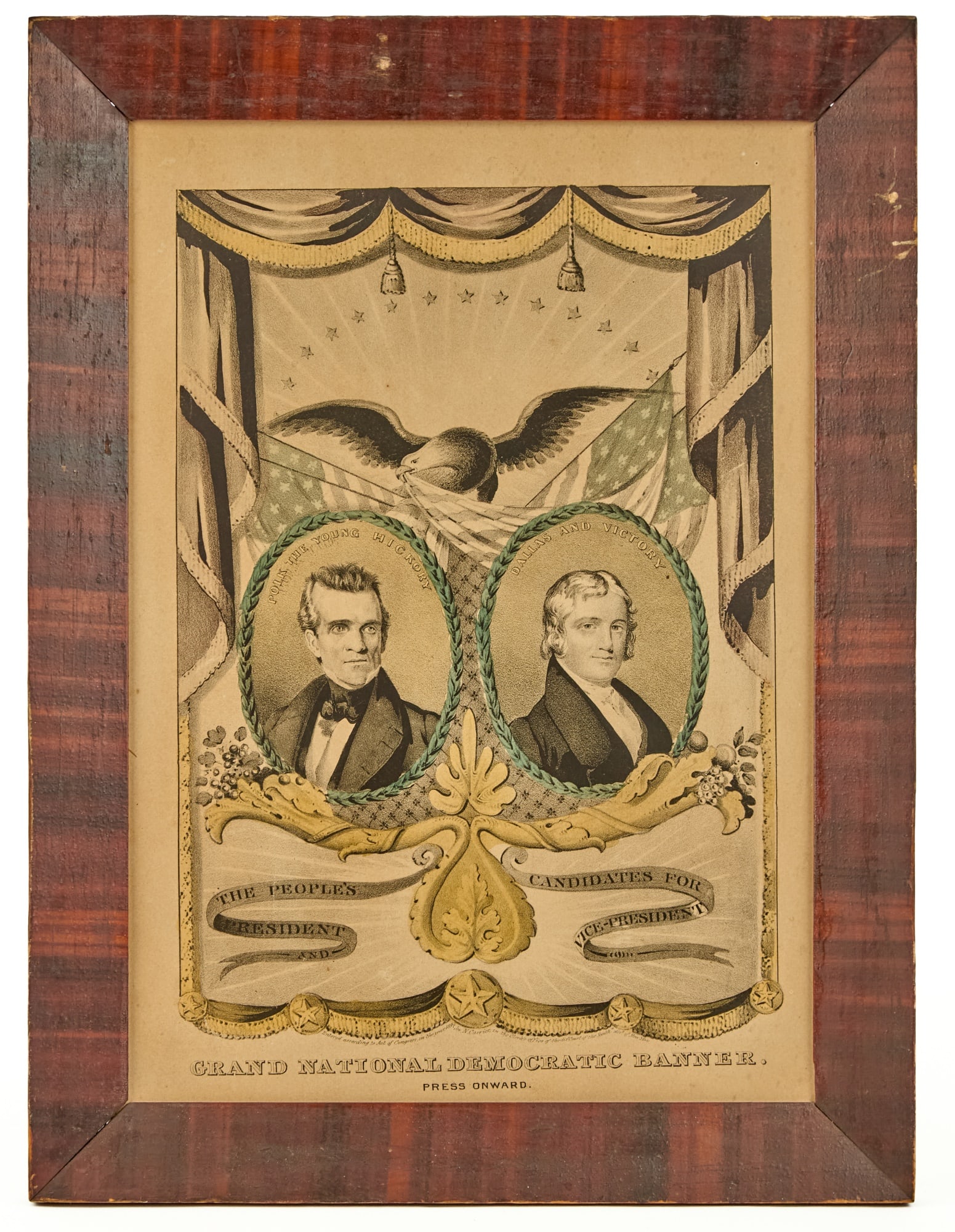 GRAND NATIONAL DEMOCRATIC BANNER by N. CURRIER: Polk the Young Hickory and Dallas and Victory lithographic print in color. 14 x 10 inches and 16 x 12 inches (overall including frame). Provenance: by direct descent of the family of George M. Dallas,