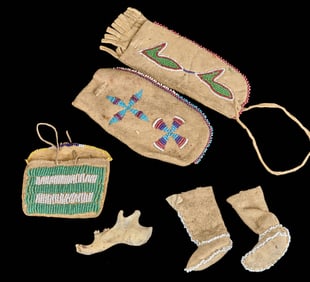 NATIVE AMERICAN BEADED POUCHES and DOLL SHOES