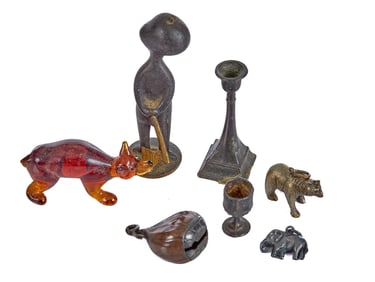 GROUPING of CHARMS, BRONZE FIGURINE & GLASS ANIMAL