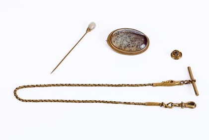 14k GOLD WATCH CHAIN, BROOCH and LAPEL & STICK PIN