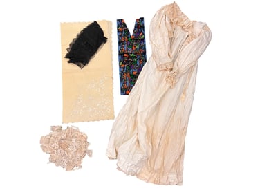 GROUPING OF VINTAGE FABRIC, LACE, LADIES GOWN