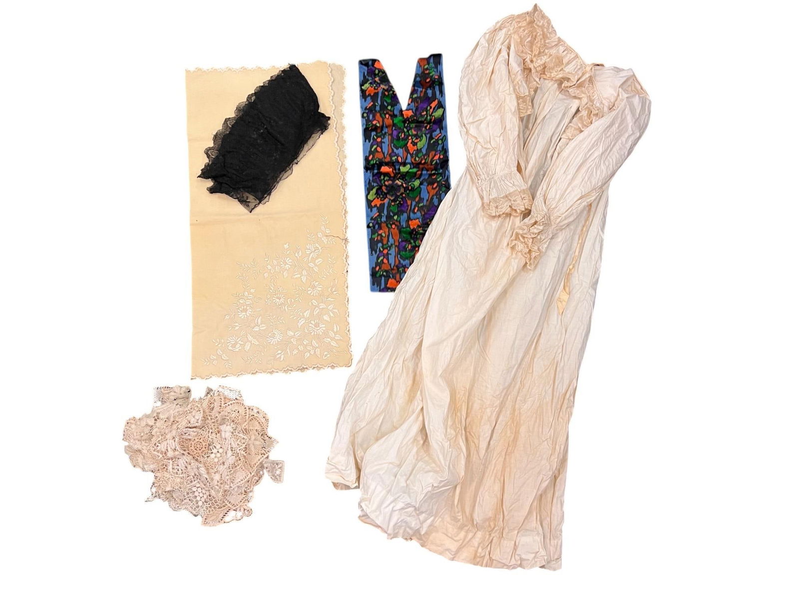 GROUPING OF VINTAGE FABRIC, LACE, LADIES GOWN: See photos. 52 x 54 inches. Provenance: by direct descent of the family of George M. Dallas, Vice President under James K. Polk. Condition: Discoloration from age and storage Temp No 2901