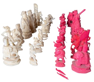 VINTAGE CARVED ASIAN CHESS SET
