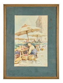 SIGNED V. PISANI ITALIAN MARKET WATERCOLOR