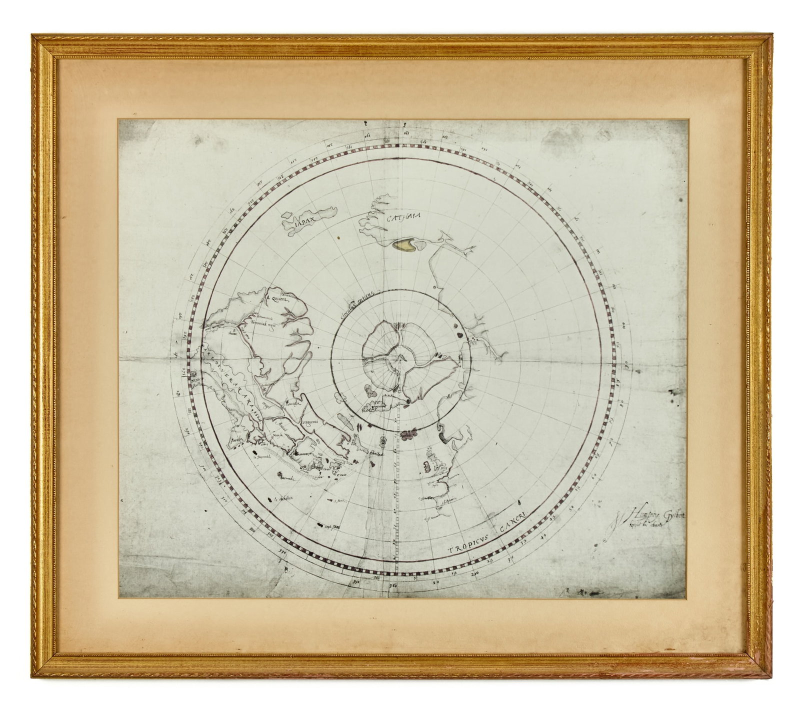 FACSIMILE of 1582 WORLD MAP by HUMPHREY GILBERT: 19 x 22 1/2 inches. framed 25 1/2 x 29 inches (overall). N.B. Estate of George M. Dallas who was believed to be of 14th lineal descent from Sir Humphrey Gilbert. Provenance: by direct descent of the f