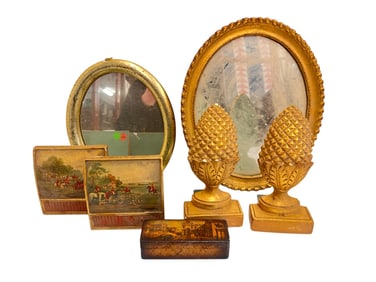 VINTAGE GILT BOOKENDS, MIRRORS, STAMP BOX