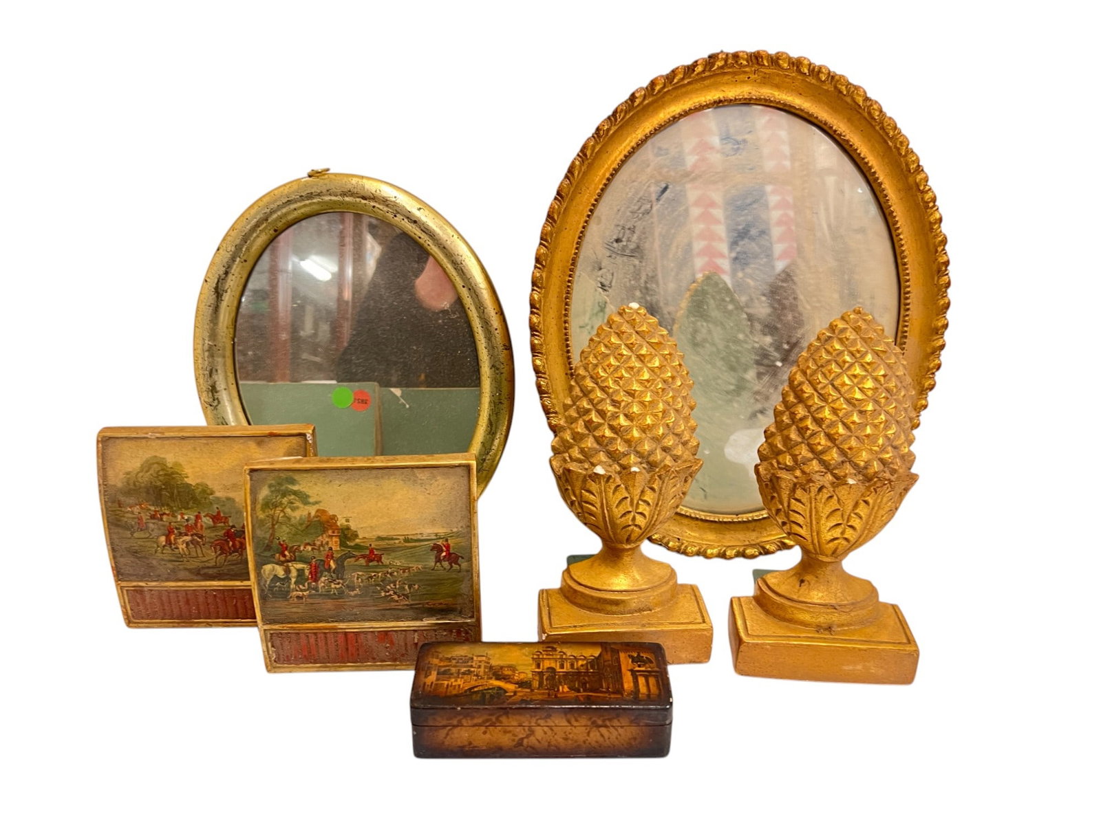 VINTAGE GILT BOOKENDS, MIRRORS, STAMP BOX (1 of 13)