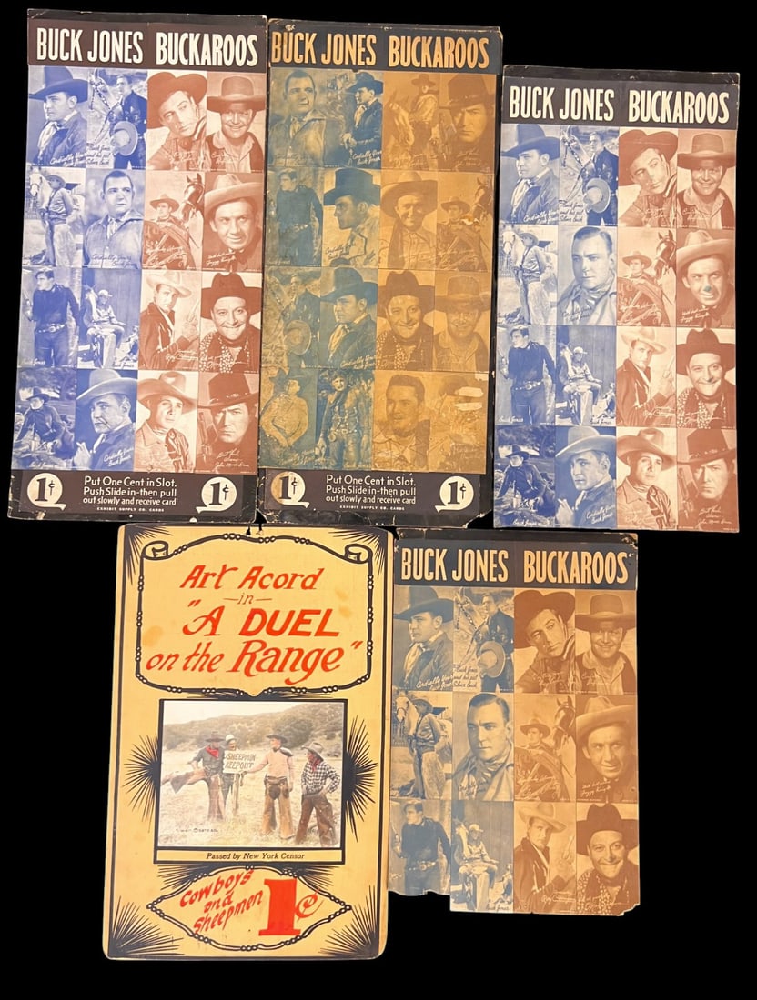 (5) LOT OF 1920s MUTOSCOPE PENNY WESTERN POSTERS: Print and painted on cardstock, some with photos, Art Acord in A Duel on the Range, (4) Buck Jones Buckaroos. Largest 26 1/2 x 12 1/2 inches. Condition: Art Acord good overall with top center tack hol