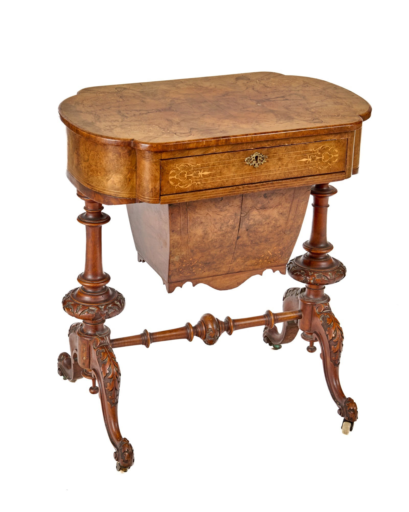 FANCY ENGLISH VICTORIAN MARQUETRY SEWING STAND (1 of 12)