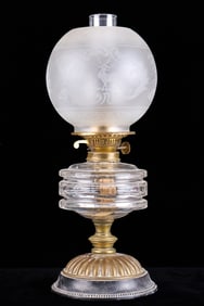 (19th c) ENGLISH DUPLEX OIL LAMP w/ ETCHED GLOBE