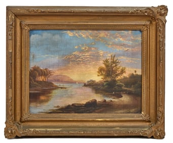 AMERICAN SCHOOL LUMINOUS LANDSCAPE with BOATS