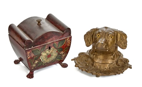 JAPANNED TIN TEA CADDY & RETRIEVER-FORM INKWELL
