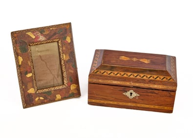 MARQUETRY INLAID JEWELRY BOX & LEAF PRESSED FRAME