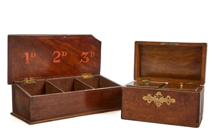 (19th c) MAHOGONY BALLOT BOX AND BURL TEA CADDY