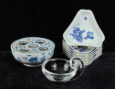 MOTTAHEDEH, ROYAL COPENHAGEN, & STEUBEN BOWLS: Mottahedeh MMA flower frog, (6) Royal Copenhagen condiment dishes, and Steuben crystal bowl with curled handle. 3 x 7 inches. Condition: Good. Temp No 2185