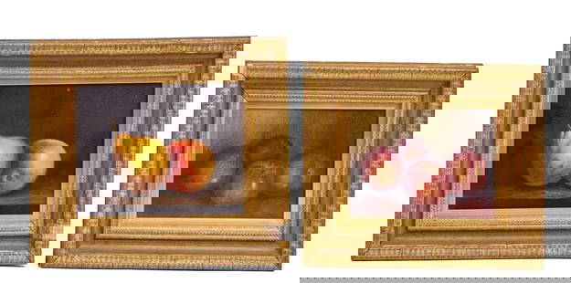 (2) STILL LIFE with FRUIT in NICE GILT FRAMES: Still life with Apples, oil on canvas, signed GMW lower right and "Still Life with Pears", oil on canvas, unsigned. Housed in nice gilt frames. 11 1/4 x 13 1/4 inches overall including frame. Conditio
