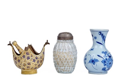 DELFT VASE, GLASS SHAKER, & INDIAN MORTAR & PESTLE