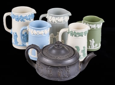 (5) WEDGWOOD PITCHERS & (1) TEAPOT