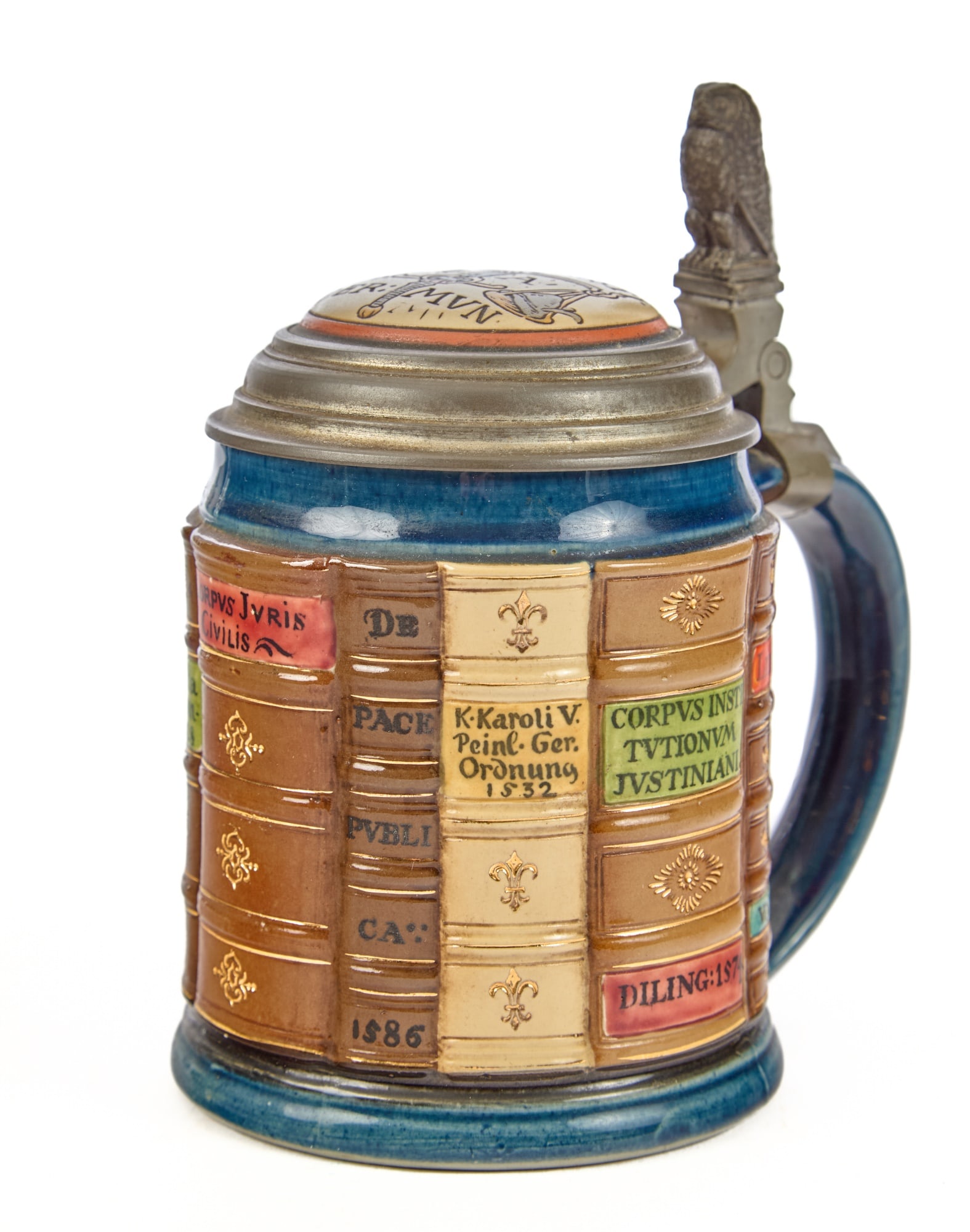 METTLACH BOOK STEIN "FIAT TI PER: JVST A MVN": Be it just for the Moment. 6 3/4 inches tall. Condition: Good. Temp No 2377