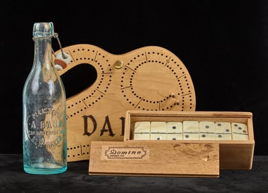 VINTAGE CRIBBAGE BOARD, DOMINOES, & DAUM BOTTLE