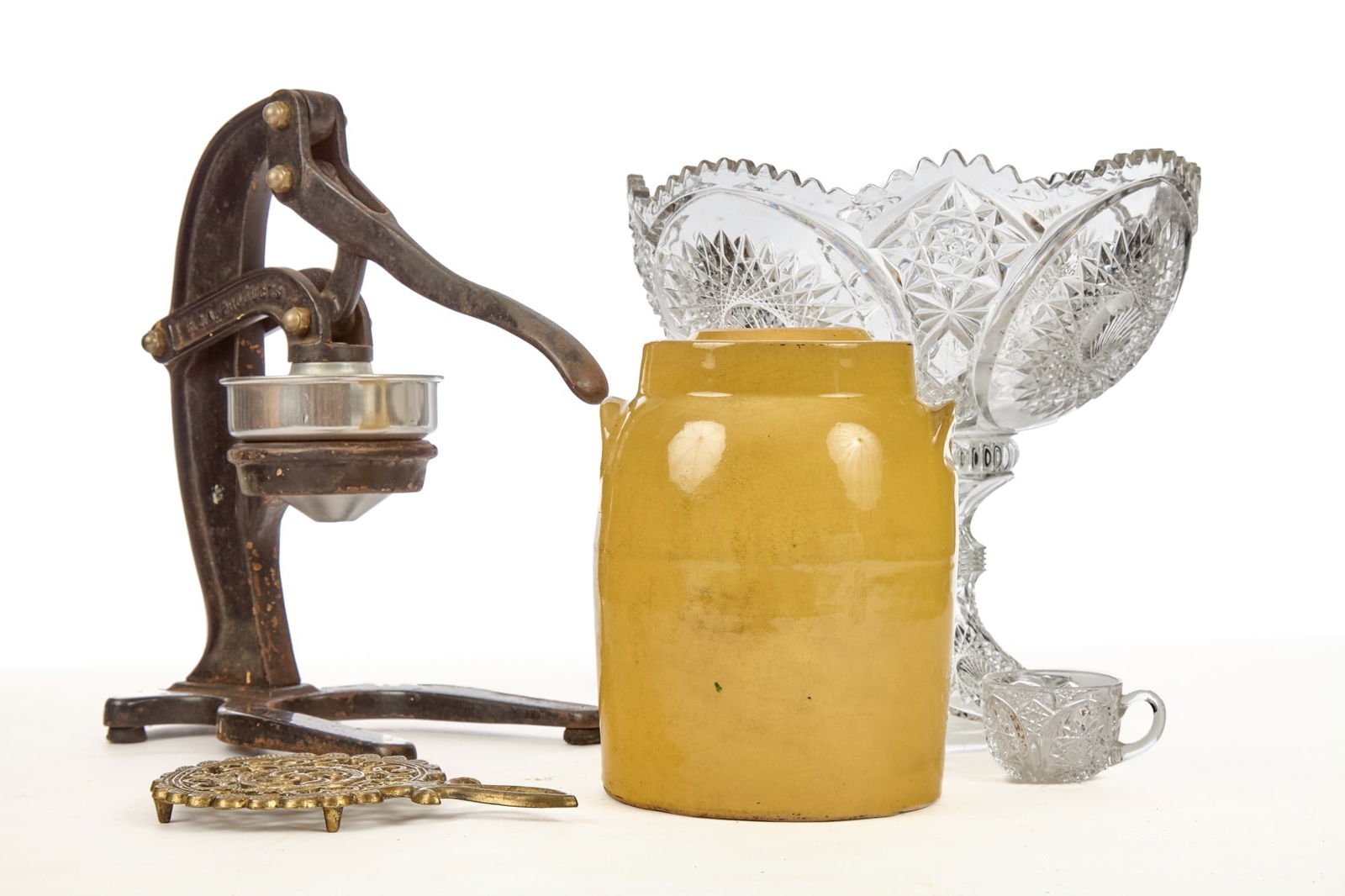 GLASS PUNCH BOWL, CROCK, JUICE PRESS, and TRIVET (1 of 12)
