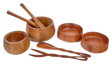 (4) DANSK TEAK BOWLS AND (2) PAIR OF SERVING FORKS
