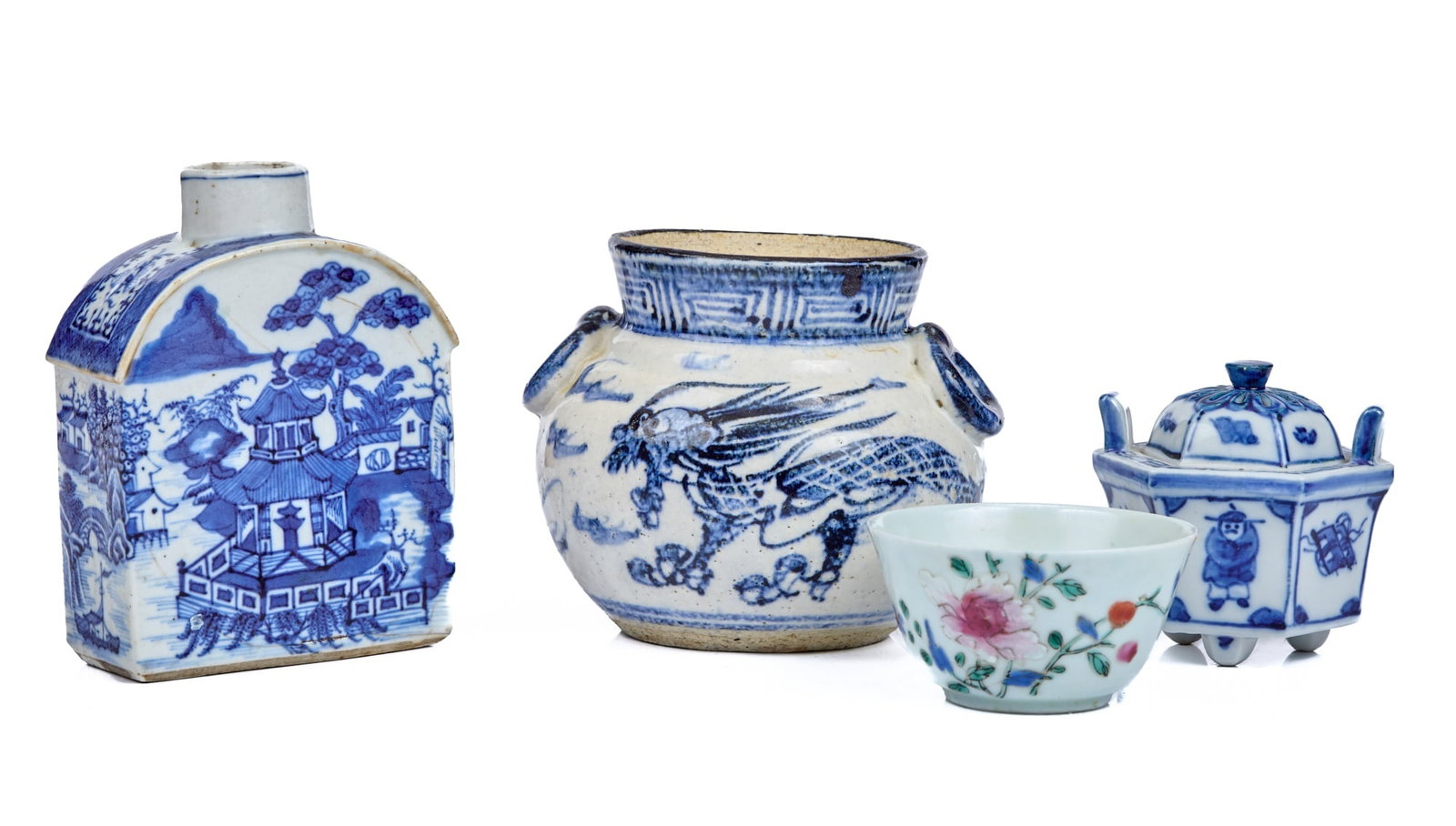 (2) PIECES of (19th/20th c) CHINESE PORCELAN: Tea caddy with willow pattern and vase with hand painted dragons & faux ring handles. Tea caddy measures 4 1/4 x 3 1/4 x 1 1/2 inches.