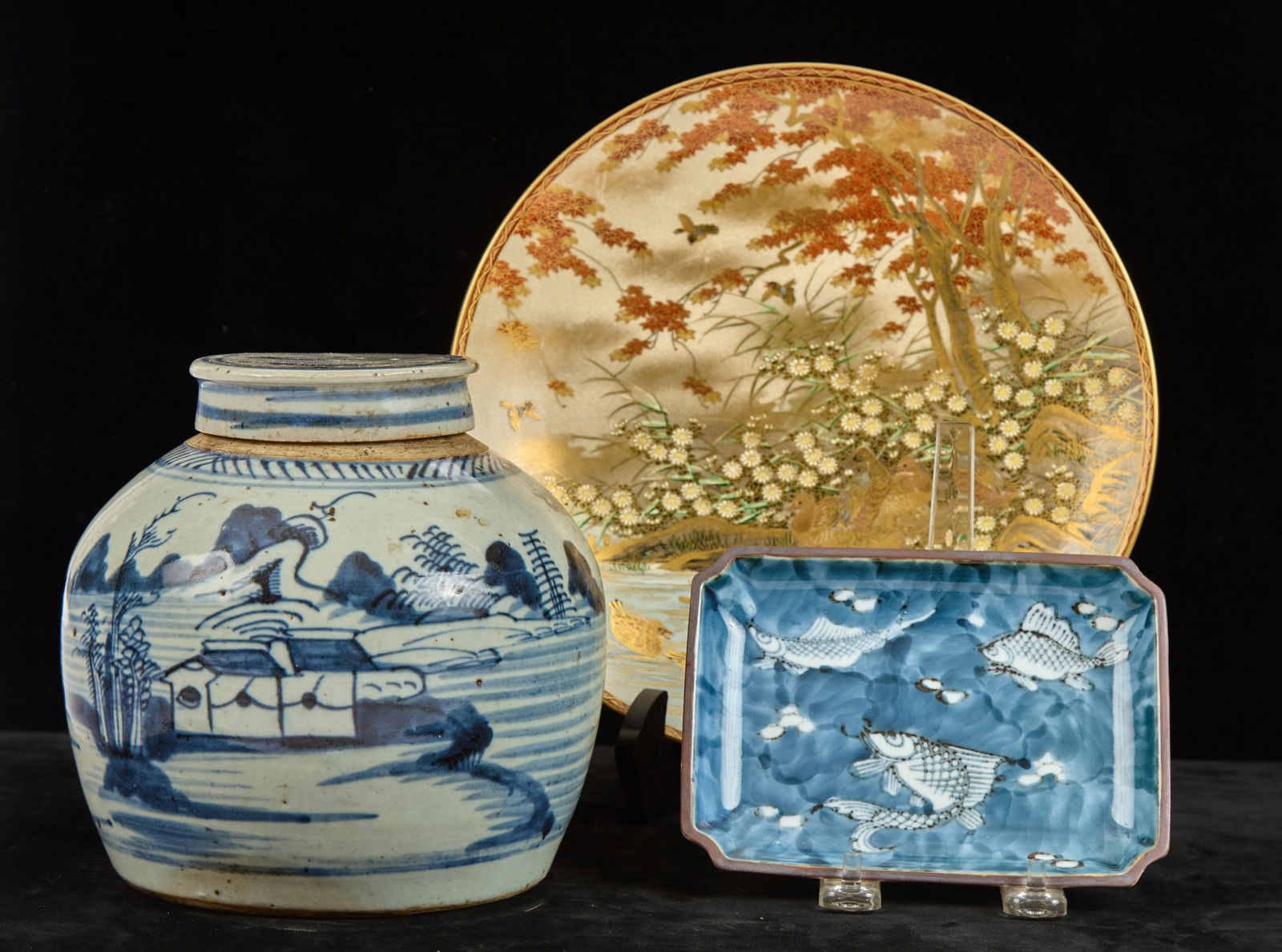 CANTON GINGER JAR, JAPANESE SATSUMA PLATE, & DISH (1 of 12)