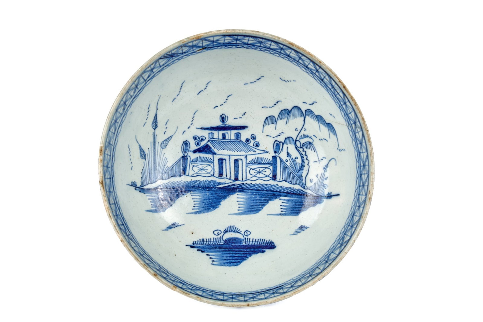 (19th c) CANTON PUNCH BOWL: Tall foot with traditional Cantonese iconography. 4 x 9 1/2 inches. Condition: Hairline, glaze loss to rim. Temp No 2117