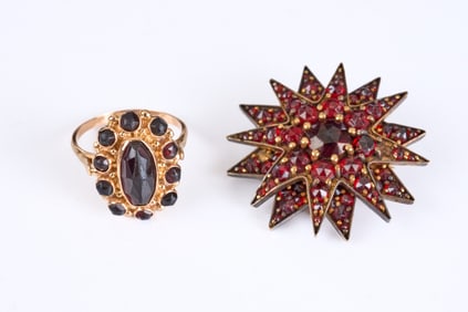 14k GOLD RING & VERMEIL PIN set with GARNETS