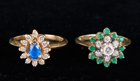 (2) 14k GOLD RINGS set with DIAMOND, EMERALD, etc