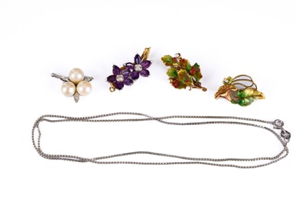(3) 14k PINS, STERLING CHAIN, & AMETHYST & DIAMOND