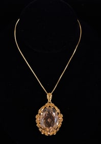14k GOLD NECKLACE with LARGE SMOKY QUARTZ PENDANT