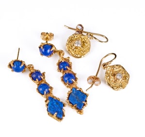 (2) PAIR 14k GOLD EARRINGS with LAPIS & DIAMONDS
