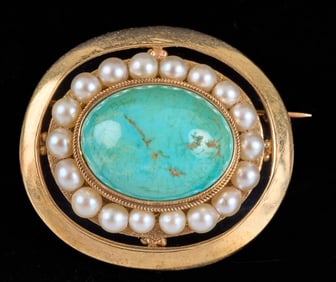 14k GOLD BROOCH set with TURQUOISE & PEARLS