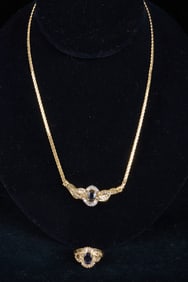 14k GOLD NECKLACE & RING with SAPPHIRE & DIAMOND