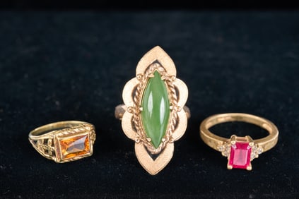 (3) 14k GOLD RINGS set with JADE, CITRINE, & RUBY
