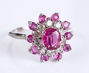 14k WHITE GOLD RING with PINK SAPPHIRE & DIAMOND