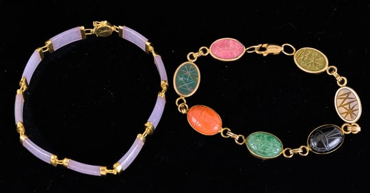14k GOLD PURPLE JADE & SCARAB BRACELETS